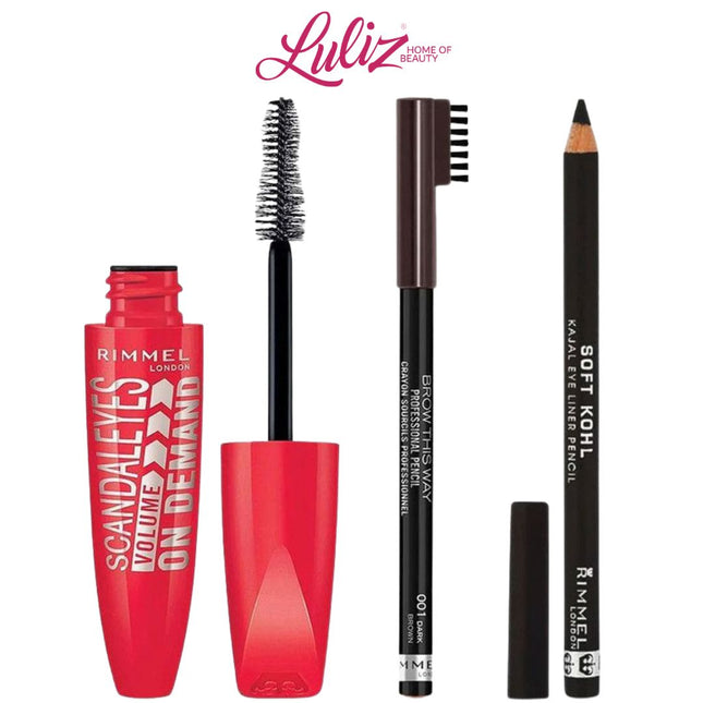 مجموعة ريميل لندن - ماسكارا فوليوم أون ديماند + كحل + قلم حواجب