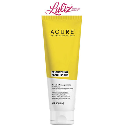 Acure Brightening Facial Scrub tube with yellow cap on a white background