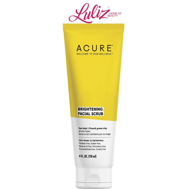 Acure Brightening Facial Scrub tube with yellow cap on a white background